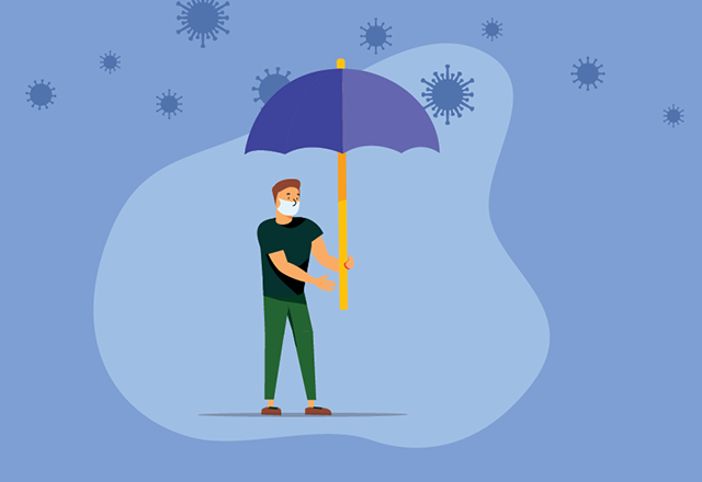 一个戴着面具的人拿着伞的插图, 保护自己免受漂浮在他身上的病毒细胞的伤害.